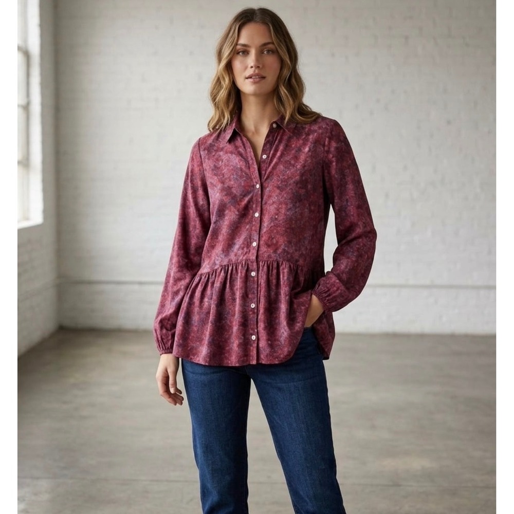 LOGO Lori Goldstein Womens XS Peplum‎ Button Down Tunic Top Abstract Print